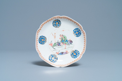 Une tasse et soucoupe en porcelaine de Chine famille rose &agrave; d&eacute;cor de Liu Hai, Yongzheng