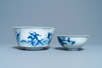 Two Chinese blue and white bowls and a plate, 19th C. and Kangxi