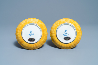 A pair of lobed Chinese blue and white yellow edge plates, 'hare' mark, Wanli