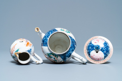 A Chinese famille rose 'Mandarin' teapot and milk jug, Qianlong
