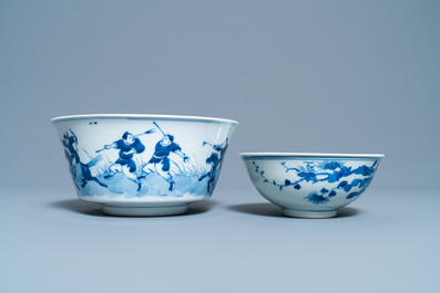 Two Chinese blue and white bowls and a plate, 19th C. and Kangxi