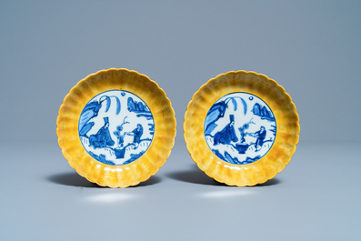 A pair of lobed Chinese blue and white yellow edge plates, 'hare' mark, Wanli