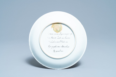 A Chinese famille rose eggshell 'Diana and Actaeon' plate with Dutch inscription, Yongzheng