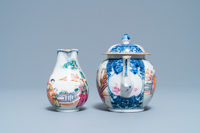 A Chinese famille rose 'Mandarin' teapot and milk jug, Qianlong