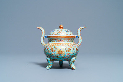 A Chinese famille rose turquoise-ground censer and cover, Republic