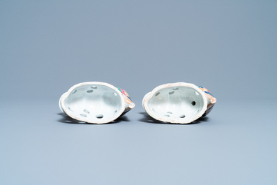 A pair of Chinese famille rose bird-shaped candlesticks, Jiaqing