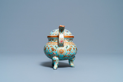 A Chinese famille rose turquoise-ground censer and cover, Republic
