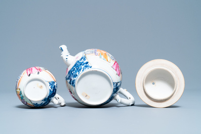 A Chinese famille rose 'Mandarin' teapot and milk jug, Qianlong