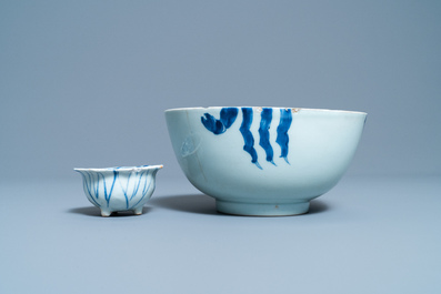 A Chinese blue and white 'phoenix' dish, a 'crab' bowl and a lotus-shaped bowl, Kangxi