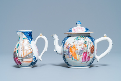 A Chinese famille rose 'Mandarin' teapot and milk jug, Qianlong