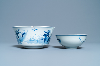 Two Chinese blue and white bowls and a plate, 19th C. and Kangxi
