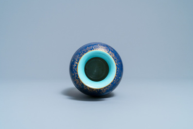 A Chinese gilt-decorated monochrome blue vase, Qianlong mark, Republic
