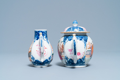 A Chinese famille rose 'Mandarin' teapot and milk jug, Qianlong