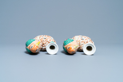 A pair of Chinese famille rose bird-shaped candlesticks, Jiaqing