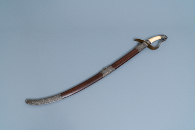 A Chinese or Vietnamese silver, tie li mu wood and bone sword, 19th C.