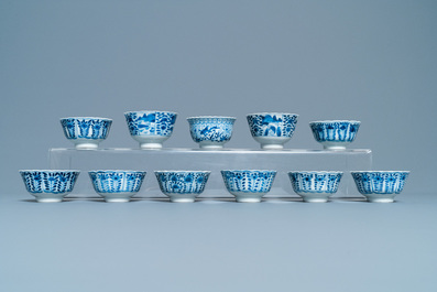 A collection of Chinese blue and white cups and saucers, 19th C.