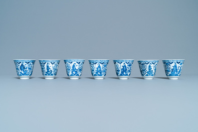 A collection of Chinese blue and white cups and saucers, 19th C.