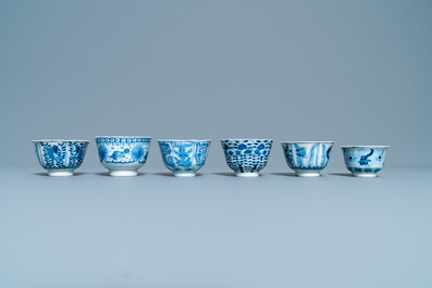 A collection of Chinese blue and white cups and saucers, 19th C.