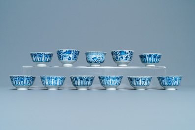 A collection of Chinese blue and white cups and saucers, 19th C.
