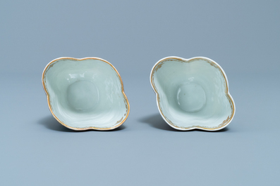 A pair of Chinese quadrilobed Meissen-style AR-marked cups and saucers, Tongzhi