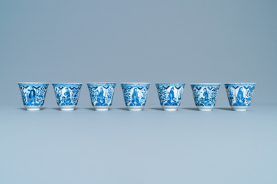 A collection of Chinese blue and white cups and saucers, 19th C.