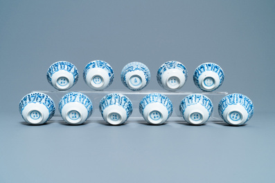 A collection of Chinese blue and white cups and saucers, 19th C.