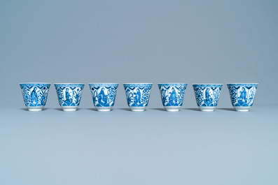A collection of Chinese blue and white cups and saucers, 19th C.