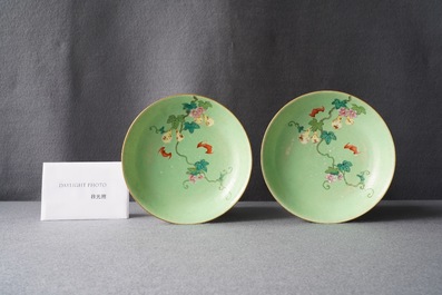 A pair of Chinese famille rose lime green-ground sgraffiato saucer dishes, Qianlong mark and of the period