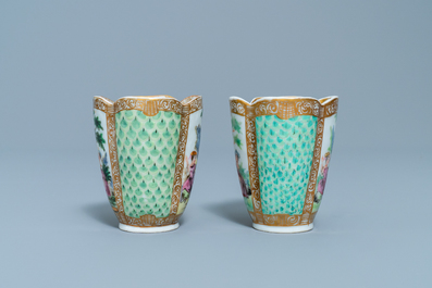 A pair of Chinese quadrilobed Meissen-style AR-marked cups and saucers, Tongzhi