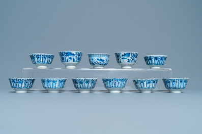A collection of Chinese blue and white cups and saucers, 19th C.