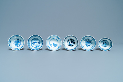 A collection of Chinese blue and white cups and saucers, 19th C.