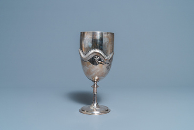 A tall Chinese silver 'dragon' goblet, Wang Hing, Canton, 19th C.