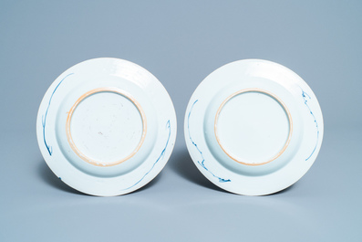 Five Chinese blue and white plates and one in famille verte, Kangxi