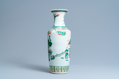A Chinese famille verte rouleau vase, 19th C.