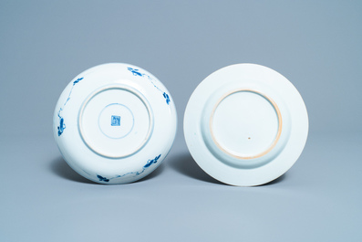 Five Chinese blue and white plates and one in famille verte, Kangxi