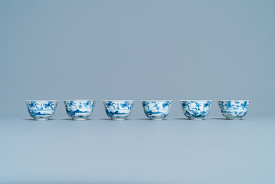 Six Chinese blue and white cups and eight saucers with horseriders, Kangxi