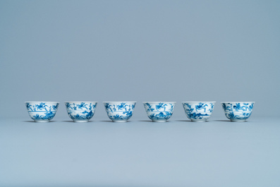 Six Chinese blue and white cups and eight saucers with horseriders, Kangxi