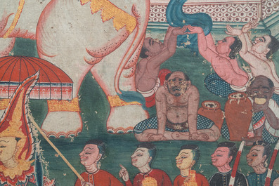 Thai school, ink and color on canvas: 'Two votive scenes', 19th C.