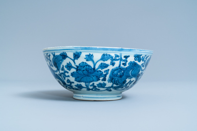 A Chinese blue and white 'Buddhist lion' bowl, Chenghua mark, Jiajing/Wanli