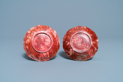 A pair of Chinese Shoushan soapstone gilt-decorated engraved cups and saucers, Kangxi