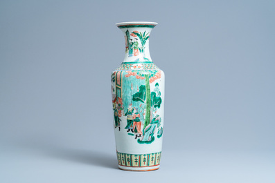 A Chinese famille verte rouleau vase, 19th C.