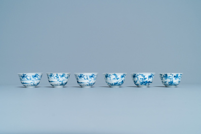 Six Chinese blue and white cups and eight saucers with horseriders, Kangxi