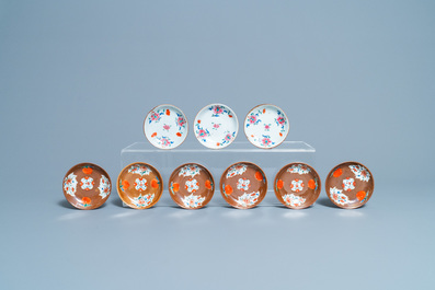 Seize tasses et soucoupes en porcelaine de Chine famille rose &agrave; fond brun capucin, Qianlong