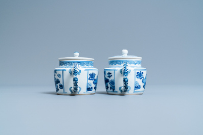 A pair of Chinese blue and white 'antiquities' teapots, Kangxi
