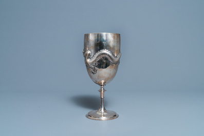 A tall Chinese silver 'dragon' goblet, Wang Hing, Canton, 19th C.