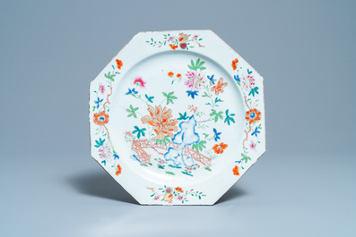A Chinese octagonal famille rose dish and another in blue and white, Qianlong