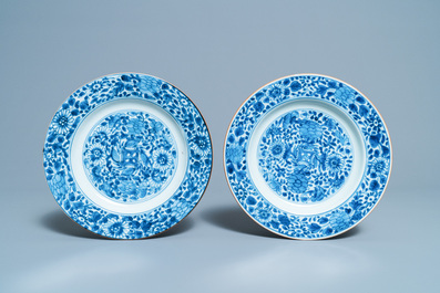 Five Chinese blue and white plates and one in famille verte, Kangxi