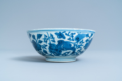 A Chinese blue and white 'Buddhist lion' bowl, Chenghua mark, Jiajing/Wanli