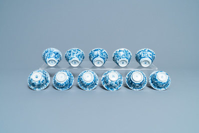 Eleven Chinese blue and white lobed cups and saucers, Kangxi