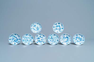 Six Chinese blue and white cups and eight saucers with horseriders, Kangxi